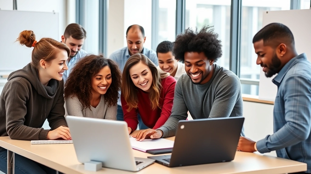Diverse group of adult students collaborating on a project in a modern, bright classroom with laptops and whiteboards, engaged and smiling, natural daylight from large windows
