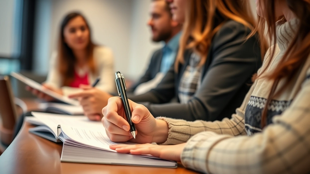 Close-up of a student taking notes during an interactive class discussion, holding a pen over a notebook, instructor visible in background teaching, warm lighting in professional education setting