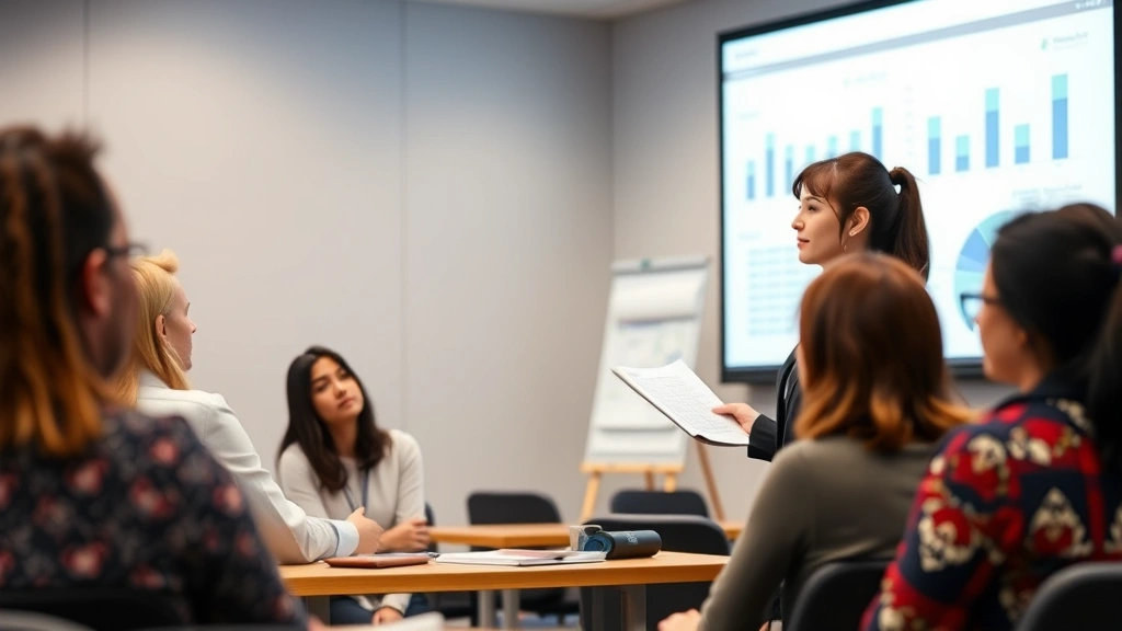Female graduate student in business attire presenting research findings to diverse group of peers in a university seminar room, with charts and data visible on presentation screen