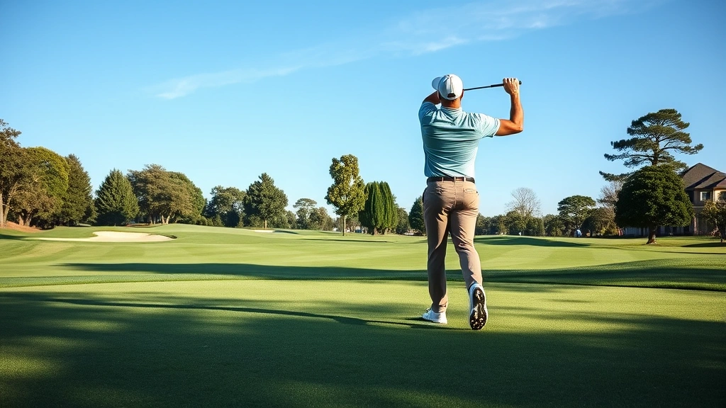 Professional golfer mid-swing on beautiful championship golf course with manicured fairway, trees, and clear blue sky in background, demonstrating proper form and athletic movement