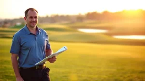 Professional golf course manager in polo shirt walking across perfectly manicured fairway during golden hour, reviewing clipboard with satisfied expression, lush green grass and water hazards visible in background