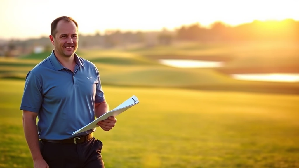Professional golf course manager in polo shirt walking across perfectly manicured fairway during golden hour, reviewing clipboard with satisfied expression, lush green grass and water hazards visible in background