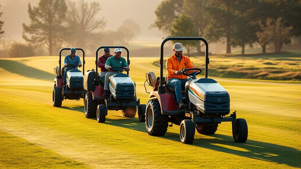 Team of diverse golf course maintenance staff operating equipment on fairway, early morning light, demonstrating teamwork and professional expertise in turf management