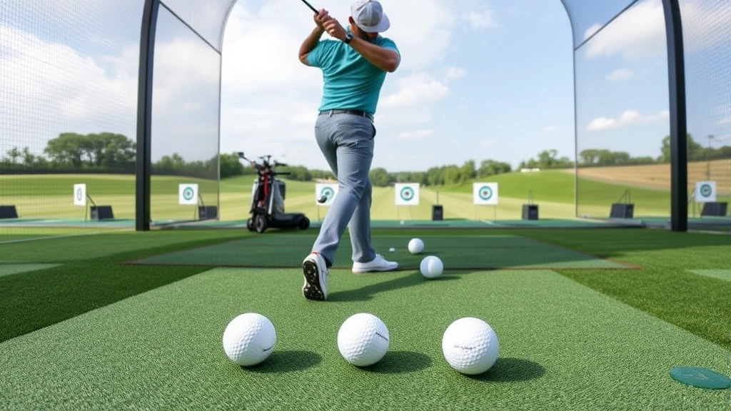 Golfer practicing at driving range with multiple golf balls lined up, demonstrating proper stance and swing technique, wide angle view of practice facility with targets visible