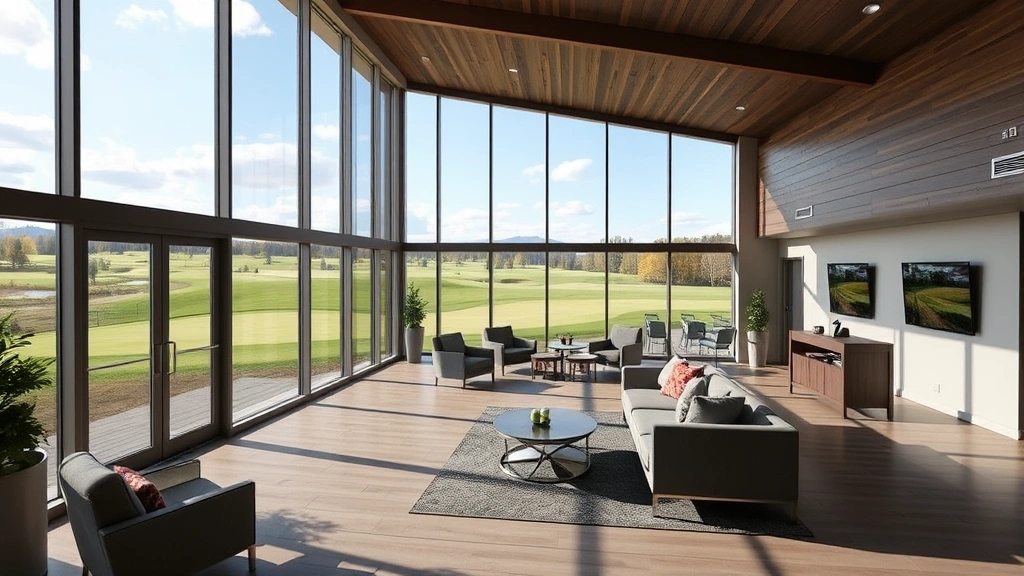 Modern golf course clubhouse interior showing member lounge area with comfortable seating, floor-to-ceiling windows overlooking pristine golf course landscape, professional and welcoming atmosphere
