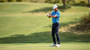 Beginner golfer in proper stance at address position on fairway, focusing on grip and posture, professional photography, natural lighting, grass and trees visible