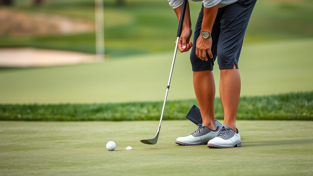 Golfer reading green with putter, analyzing slope and preparing to putt, focused concentration, professional course setting with flagstick in background