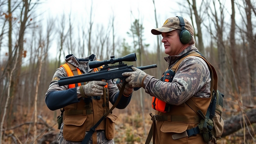 Professional hunter in safety gear standing in Missouri woodland environment with rifle properly secured, demonstrating safe firearm handling posture and protective equipment