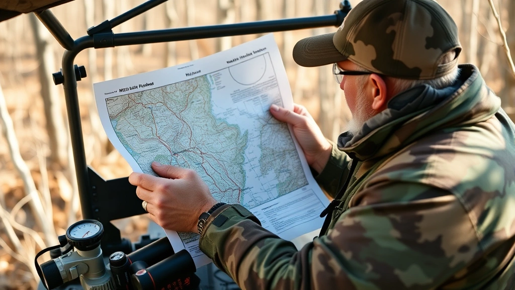 Experienced hunter in outdoor hunting blind checking equipment and reviewing topographic map of Missouri hunting zone, surrounded by binoculars and navigation tools in natural lighting