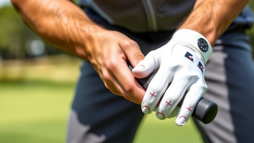 Professional golfer demonstrating proper grip position with hands on golf club, close-up view showing finger placement and hand alignment, outdoor golf course background, natural daylight, realistic photography