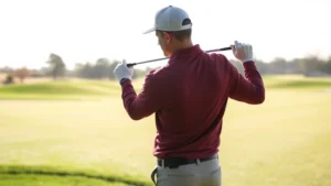 Professional golf instructor demonstrating proper swing mechanics to adult student on practice range, morning sunlight, focused learning environment