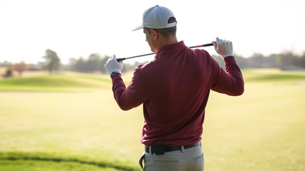Professional golf instructor demonstrating proper swing mechanics to adult student on practice range, morning sunlight, focused learning environment
