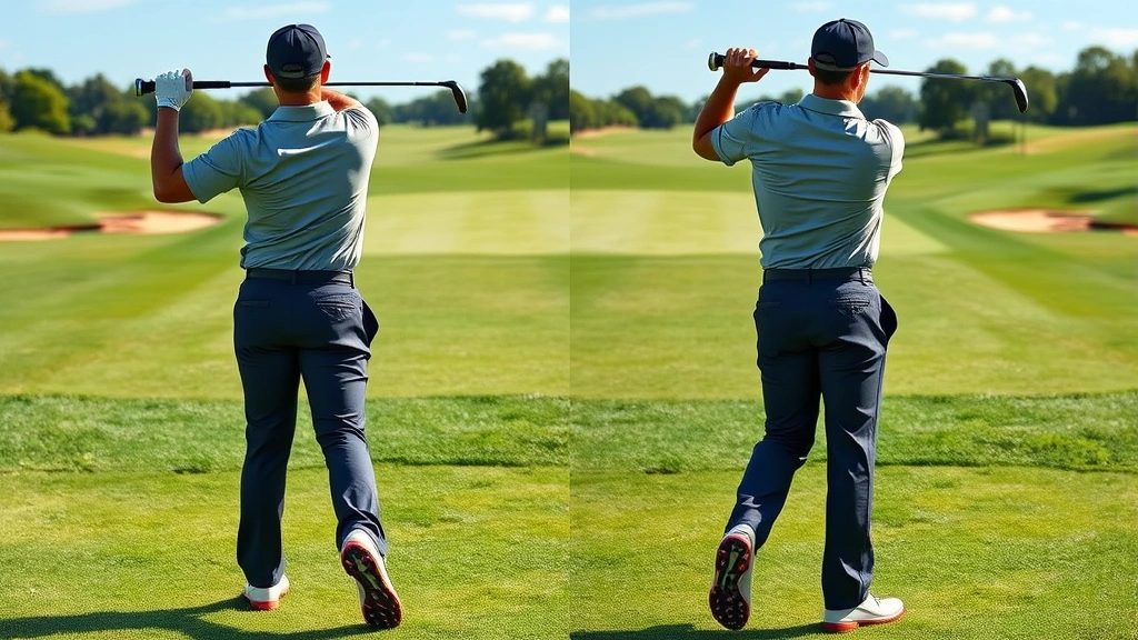 Athletic golfer in mid-backswing position showing shoulder rotation and body coiling, full-body view demonstrating proper stance and posture, championship golf course with manicured fairway, professional sports photography