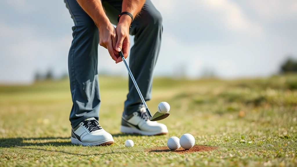 Golfer executing perfect impact position with club striking golf ball, body rotation toward target, divot visible in turf, focused athletic movement, high-speed sports photography style, outdoor daylight setting