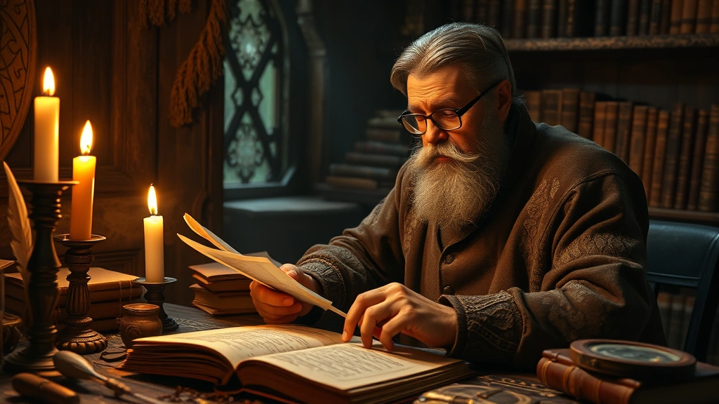 A medieval scholar in candlelit study surrounded by ancient manuscripts and quills, examining Old English texts with magnifying glass, warm amber lighting, focused concentration