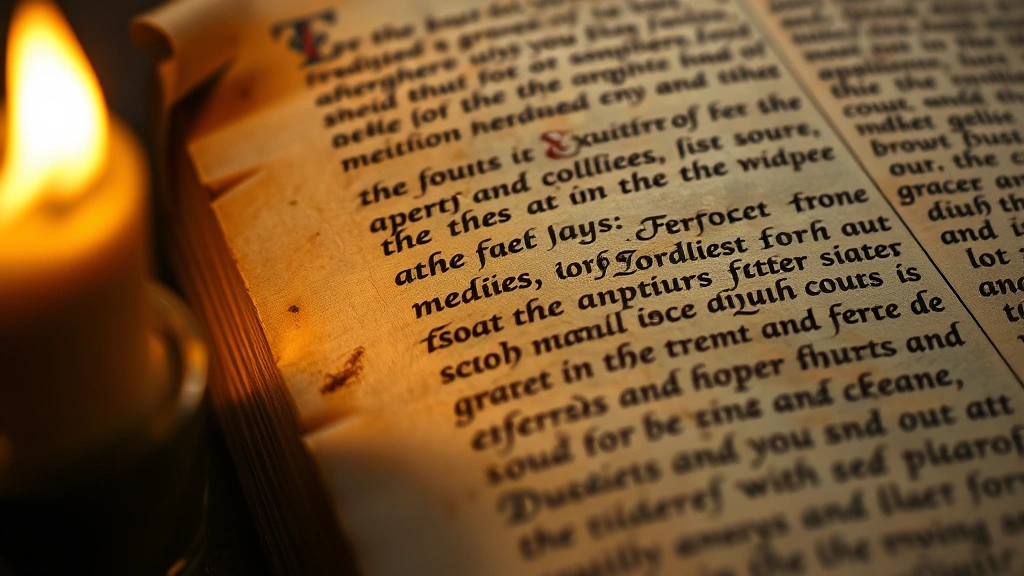 Close-up of weathered manuscript page with careful handwriting and illuminated letters, aged parchment texture, candlelight illuminating the intricate details of medieval calligraphy