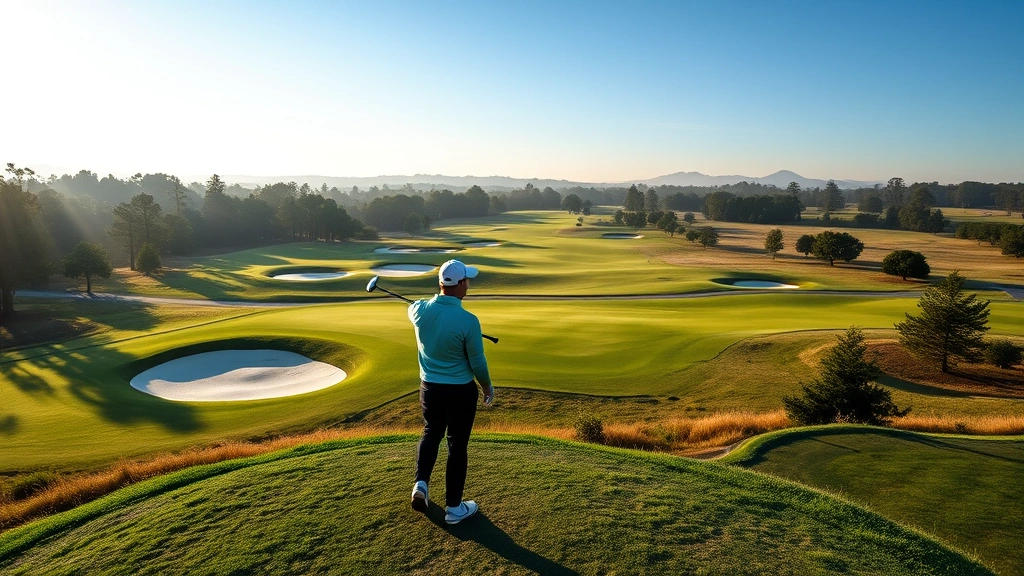 Golfer standing on elevated tee box overlooking fairway with undulating terrain and strategically placed bunkers below, morning sunlight, professional golfer in mid-stance