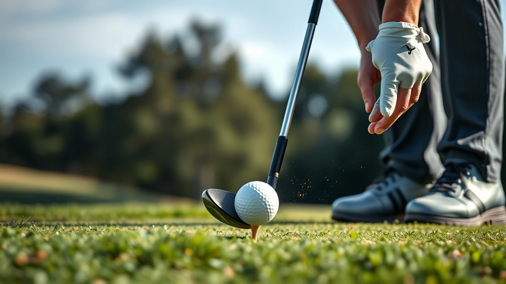 Close-up of golfer chipping from rough around green with precision, focused expression, golf ball mid-flight toward pin, realistic course setting