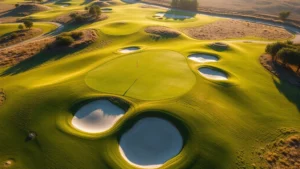 Aerial view of pristine golf course fairway with manicured greens, sand bunkers, and natural landscape features in morning sunlight