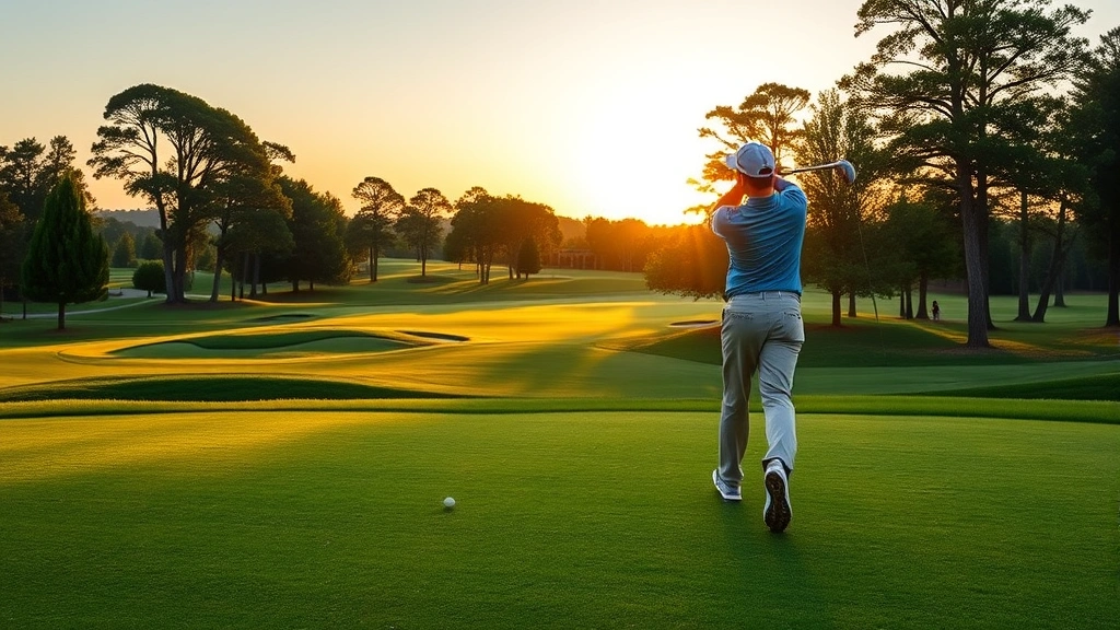 Golfer mid-swing on fairway with beautiful course scenery, trees, and maintained grass in background during golden hour