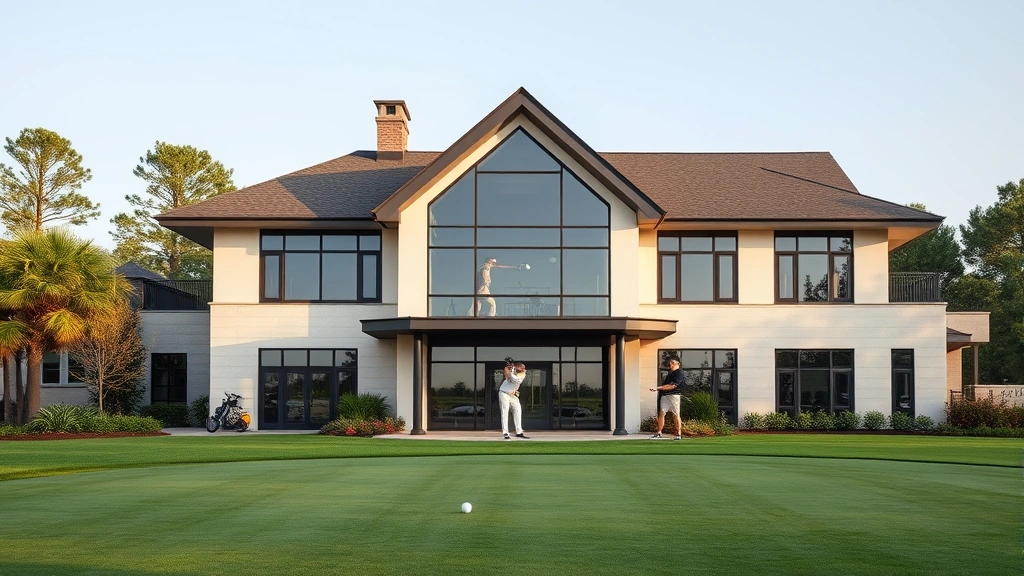 Modern golf clubhouse exterior with professional architecture, practice range visible with golfers hitting balls in distance