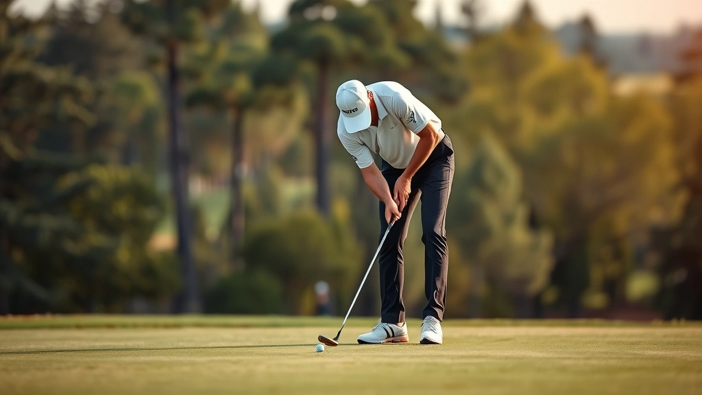 Golfer putting on green with intense focus, studying putt line, professional putting stance, course landscape and trees in soft-focus background