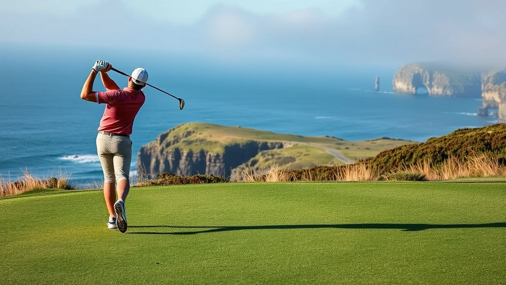 Golfer mid-swing on scenic coastal fairway with ocean cliffs and rock formations visible in misty background, professional golfer in athletic stance, natural lighting, photorealistic
