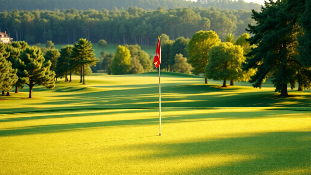 Well-maintained putting green with flag marker, manicured fairway and trees in soft afternoon light, no golfers or text visible, peaceful course landscape, photorealistic