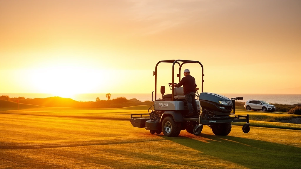Golf course maintenance crew operating professional equipment on fairway at sunrise, mowed grass patterns visible, coastal California landscape, workers in action, photorealistic