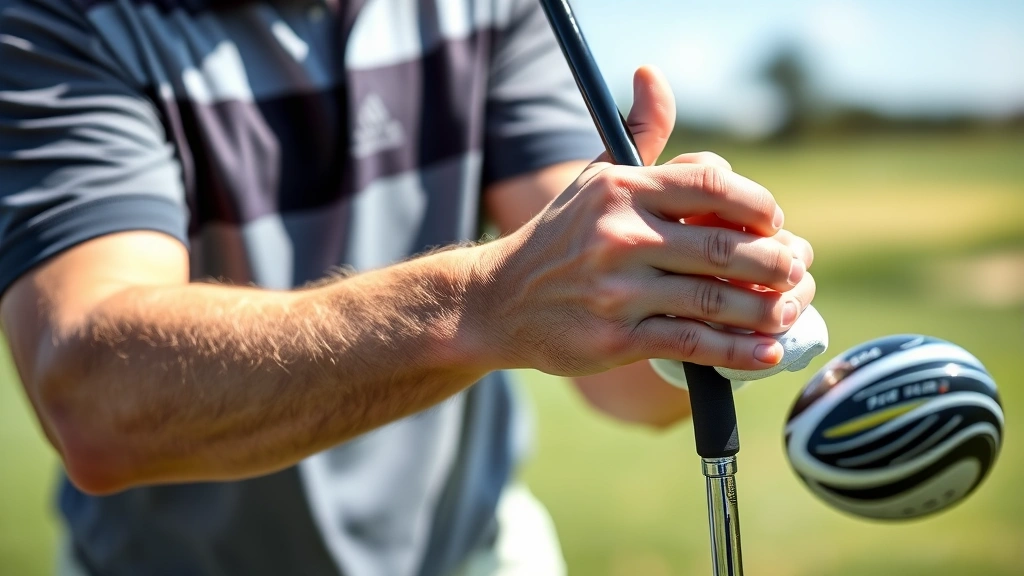 Professional golfer demonstrating proper grip technique on golf club, close-up of hands positioned correctly, outdoor golf range setting, natural daylight, focused instructional moment