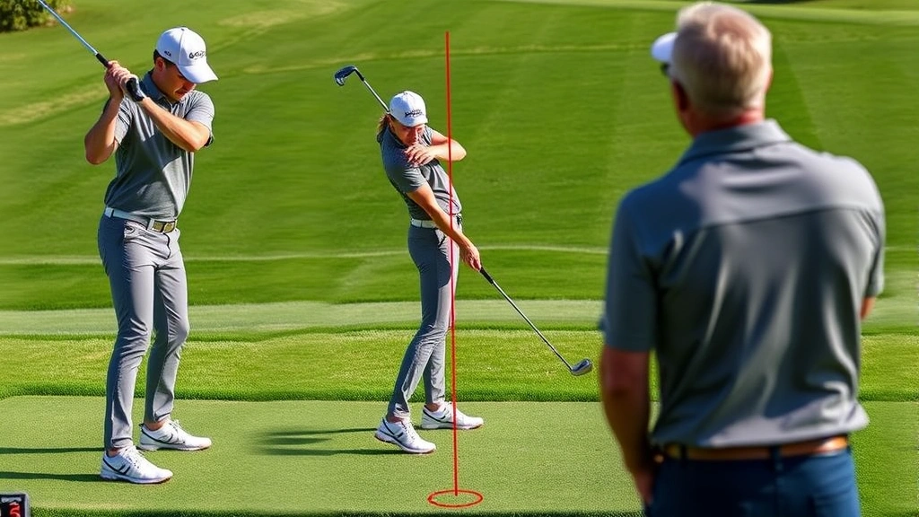 Golfer in proper stance and posture on practice tee, showing alignment with target, athletic positioning, green fairway background, professional coaching environment, clear demonstration of body position