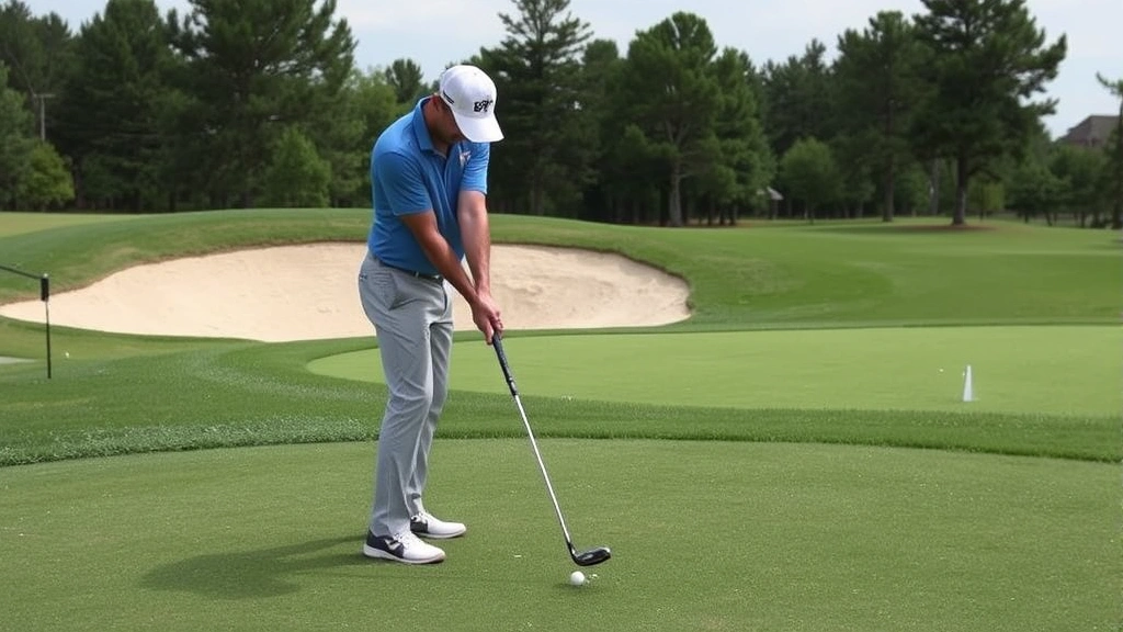 Golfer executing short pitch shot near practice green, demonstrating wedge technique, sand bunker visible in background, focused concentration, practice facility setting, showing complete follow-through and balance