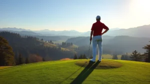 Golfer standing on elevated tee box overlooking mountain valley fairway with pine trees and distant peaks, morning light casting long shadows across manicured grass