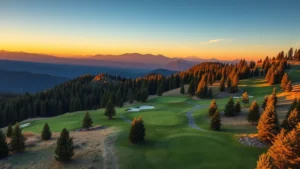 Aerial view of a scenic mountain golf course with rolling fairways, pine trees, and distant mountain peaks during golden hour sunrise lighting, professional photography