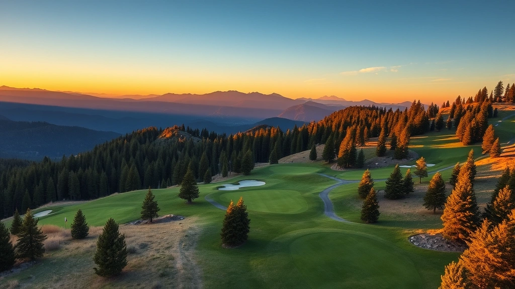 Aerial view of a scenic mountain golf course with rolling fairways, pine trees, and distant mountain peaks during golden hour sunrise lighting, professional photography