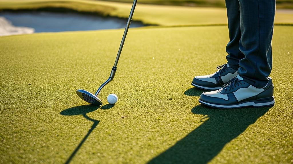 Close-up of golfer analyzing green slope with putter in hand, studying subtle breaks and contours on pristine putting surface surrounded by sand bunkers