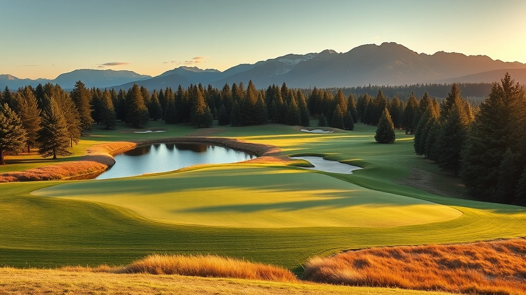 Wide landscape view of championship golf course hole with water hazard, strategic bunkering, fairway lined with evergreen trees, and mountain backdrop in late afternoon golden light