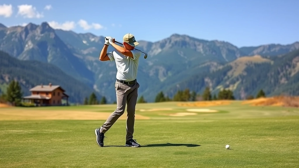 Beginner golfer mid-swing on a fairway with mountain landscape background, demonstrating proper stance and posture, natural outdoor lighting
