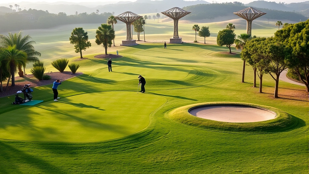 Golf course practice facility with driving range, putting green, and chipping area, multiple golfers practicing, morning light, well-maintained grounds