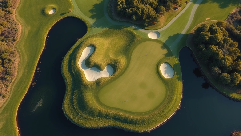 Aerial view of championship golf hole with strategic bunkers, water hazard, elevated green, natural landscape, professional course design