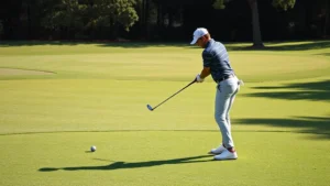 Professional golfer in proper stance and posture at address position on grass fairway, demonstrating correct alignment with target, natural daylight, side view showing spine angle