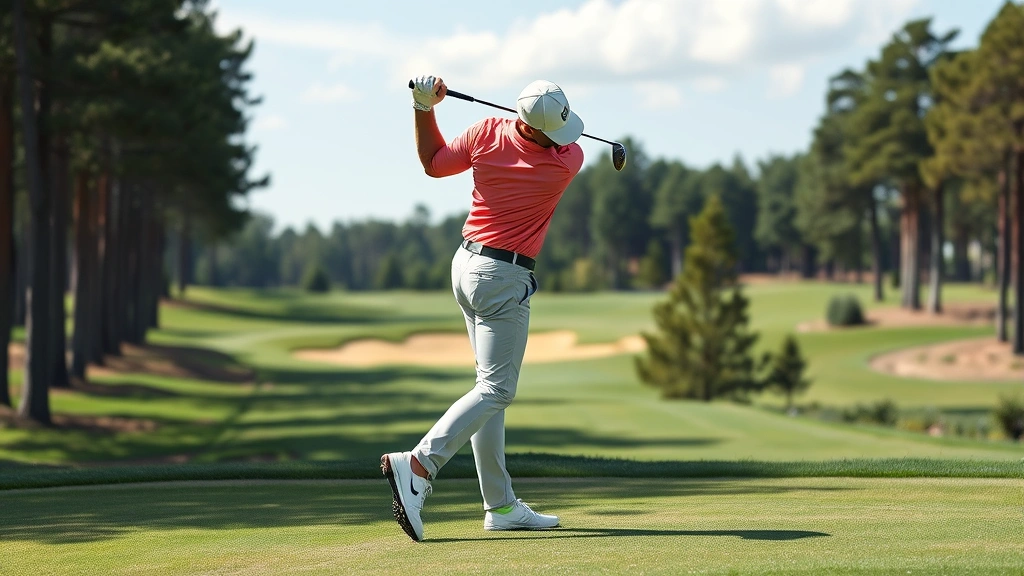 Golfer executing follow-through position after impact, balanced finish pose with weight on front leg, body rotated toward target, natural course background with trees and fairway