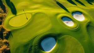 Aerial view of a well-maintained golf course with lush green fairways, manicured rough areas, and sand bunkers under bright sunlight, showing the precision of professional turf management and course design