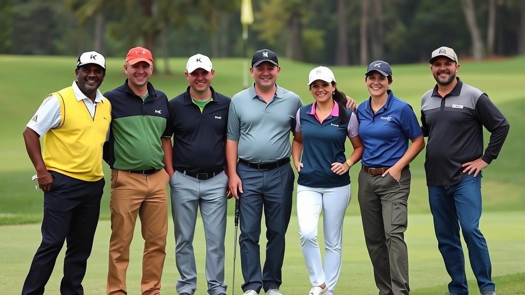 Group of diverse golf course staff members including maintenance workers, clubhouse personnel, and service staff smiling together on course, representing team collaboration and professional development in golf operations