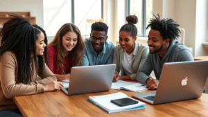 Young diverse students collaborating at wooden table with laptops and business textbooks, natural sunlight, focused expressions, modern classroom setting