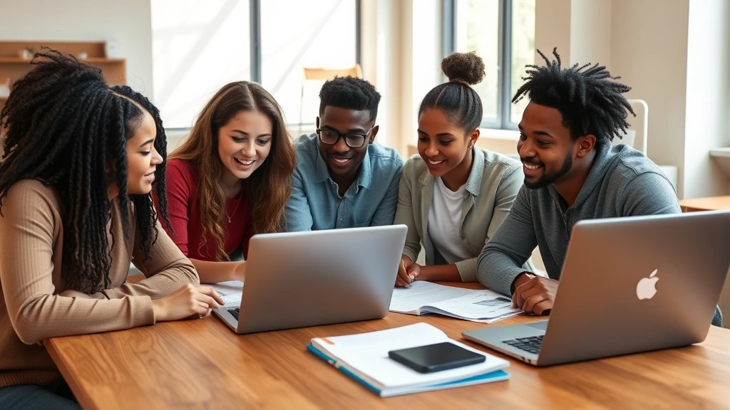Young diverse students collaborating at wooden table with laptops and business textbooks, natural sunlight, focused expressions, modern classroom setting