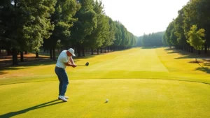 A golfer in professional stance on a beautiful fairway with trees lining both sides, concentrating on their swing with natural daylight