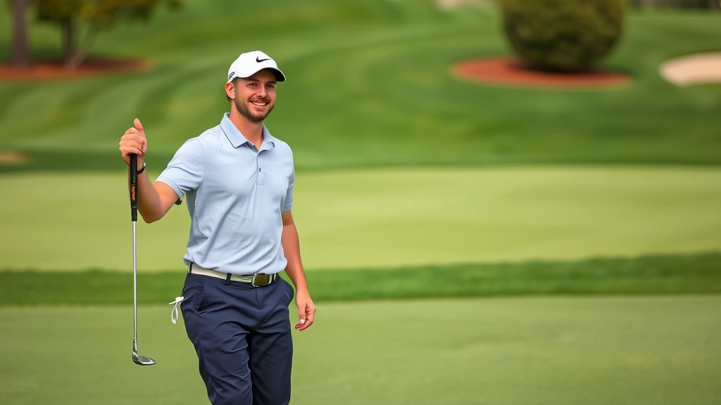 Golfer celebrating successful shot on championship course, smiling expression, holding putter, manicured fairway background, authentic playing conditions
