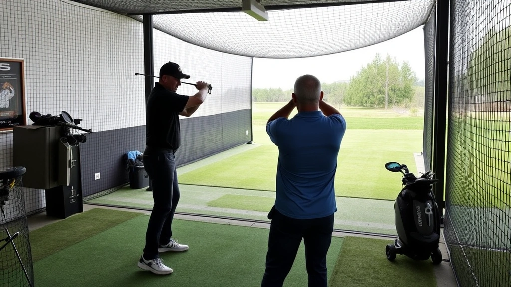 Indoor golf lesson facility showing instructor demonstrating swing mechanics to student, practice bay with netting, realistic teaching environment