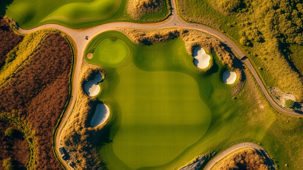 Aerial view of a scenic golf green with strategic bunkers and elevation changes, featuring vibrant fairways and natural landscape elements